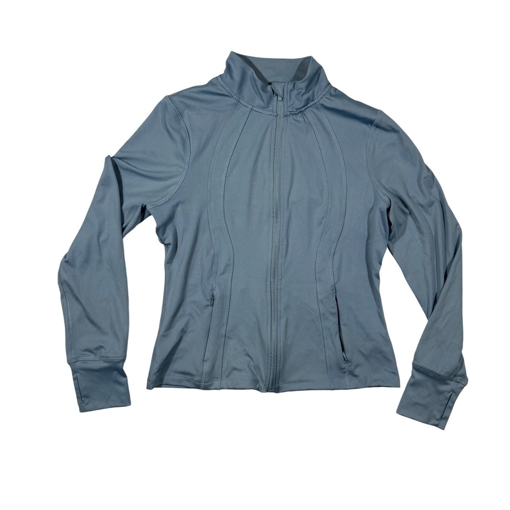 Danskin Full Zip Workout Jacket Womens Small Blue Grey Athleisure Mock Neck Yoga